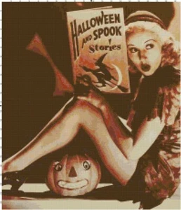 Pin Up Halloween retrò vintage strega storie spettrali motivo punto croce - Foto 1 di 1