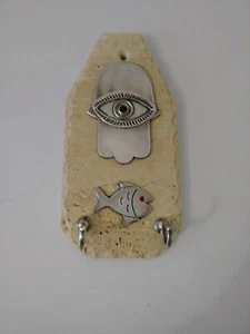 Vtg Stone & Metal Hamsa Hand Hebrew House Protection Israel Wall Key Holder - Picture 1 of 2
