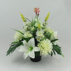 Modern style artificial grave flower arrangement with cream chrysanthemums - Picture 1 of 4