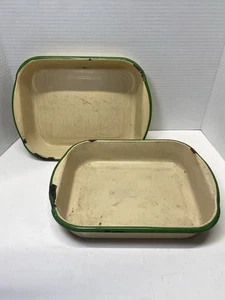 Vintage Bauernhaus Emaillegeschirr Rustikal Backformen 2er Set Weiß & Grün - Bild 1 von 10