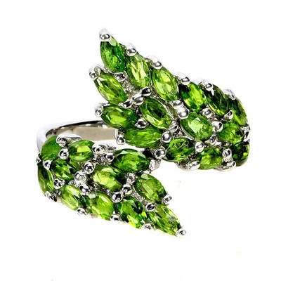 Anillo de plata de ley 925 marquesa cromo diopsido piedras preciosas naturales joyería talla 8 Foto 1 de 4