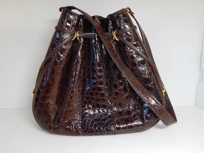 Genuine Chocolate Colored Crocodile Skin Bucket Bag Purse 10.5" tall x 12" wide - Image 1 of 4