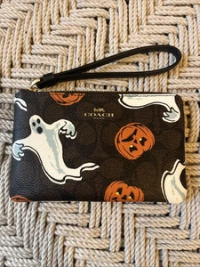Coach Ecke Reißverschluss Handgelenktasche Clutch Signatur Halloween Geist Kürbis Druck Neu mit Etikett - Bild 1 von 3