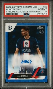 2022-23 Topps Chrome UEFA  Hugo Ekitike Blue Wave Refractor Auto /75 - PSA 10 - Picture 1 of 2