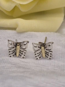 Genuine Sterling Silver and Gold Open Cut Butterfly Stud Earrings. - Picture 1 of 7