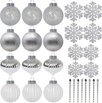 28 Palline Argento per Albero Di Natale, Decorazione Natalizia, Plastica Infrang - Immagine 1 di 4