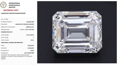 19.06 Emerald Lab Grown Diamond For Engagement Ring IGI Certified F VVS2 - Image 1 of 4