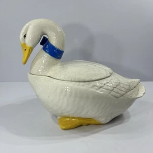 VTG Goose/Duck Cookie Jar Sittre Ceramic 1984 Blue White Dots Bow Cottagecore SM - Picture 1 of 5