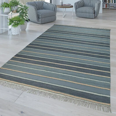 Hand Woven Rug In Modern Striped Design With Fringes High Quality Blue - Image 1 of 3
