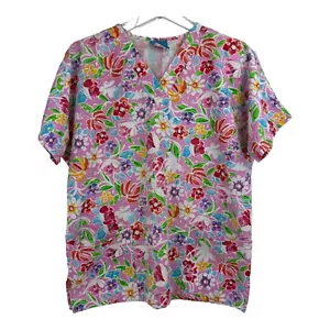 Scrubs HQ Size S Scrub Top Pink with Flower Pattern Has Pockets Medical Nurse - Picture 1 of 7
