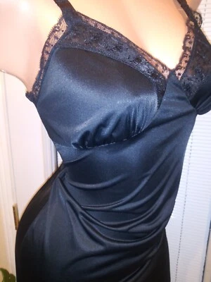 De Colección Sedoso Camisón Vestido Completo Sin Mangas Ancho Encaje Transparente Mod Vestido Completo Vestido Sin Mangas Foto 1 de 4