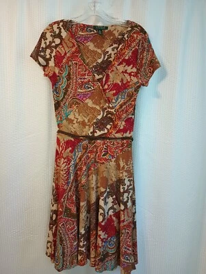 Ralph Lauren Women's Red Gold Paisley Faux Wrap Dress Size M - Image 1 of 4