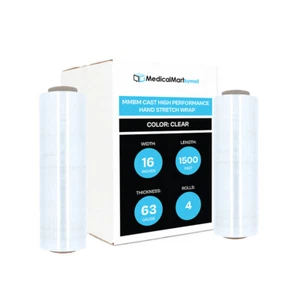 4 Rolls 16" x 1500' Down Gauge Cast Stretch Hand Shrink Wrap 63 Gauge Clear - Picture 1 of 7