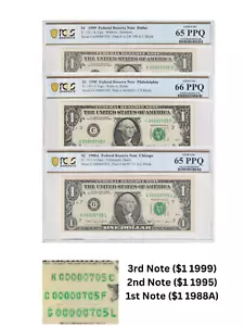 $1 Set di 3 NUMERI DI SERIE CORRISPONDENTI (00000705) PCGS Classificato 65/66/65 Gemma UNC - Foto 1 di 3