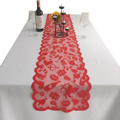 2pcs Vintage Red Heart Lace Table Runner Wedding Party Valentine's Day Decor - Image 1 of 4