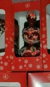 SZKLO DEKOR Ornamento in vetro FINALE soffiato a mano ROSSO perline ingioiellate 8"H Polonia - Foto 1 di 6