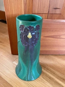 Large Scott Draves Signed Door Pottery Yummy Green Flared Pottery Vase w Dark - Picture 1 of 12