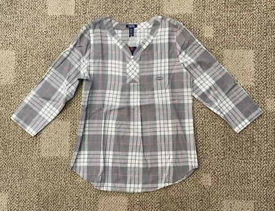 Womens IZOD 3/4 Sleeve V Neck Top Gray Plaid Size XXS 2XS Cotton Blend - Image 1 of 3