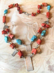 Antike Indianerkette Silber Koralle rot türkis natur - Bild 1 von 7