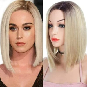 Natural Womens Short Straight Ombre Wig Blonde Light Gold Ladies Bob Hair Wigs - Picture 1 of 8
