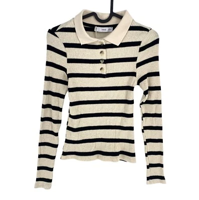 Mango MNG Women Beige Striped Long Sleeves Polo Shirt Size S - Image 1 of 4