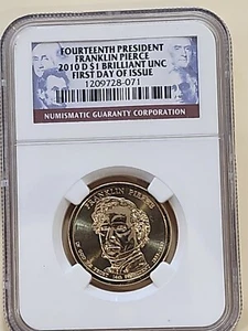 2010 D $1 Franklin Pierce BRILLIANT UNCIRCULATED FIRST DAY OF ISSUE - Picture 1 of 3