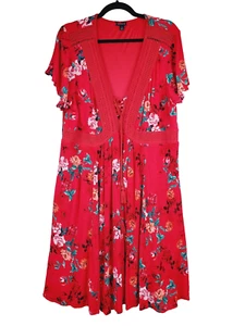 Torrid 1X Womens Dress Plus Size Red Floral Tassels Crochet V-neck Rayon - Picture 1 of 11