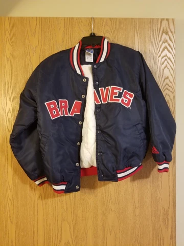 Vintage Atlanta Braves Adidas Sewn Bomber Satin Jacket Size Youth Medium 10/12 Cover