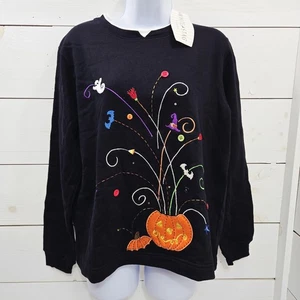 Embroidered Halloween Sweatshirt White Stag Women Size Medium Black W Pumpkin - Picture 1 of 9