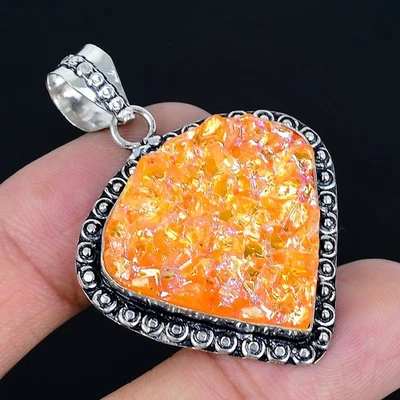Colgante hecho a mano naranja titanio druzy enchapado en plata 925 de 1,89" Foto 1 de 3