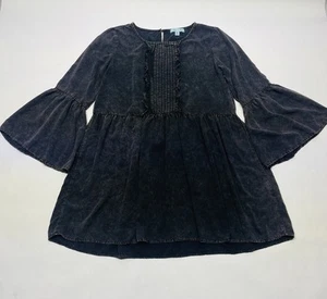 Schwarz Acid Wash Bauern Schlag Glockenärmel Tunika Minikleid Gr. M Boho Hippie - Bild 1 von 18