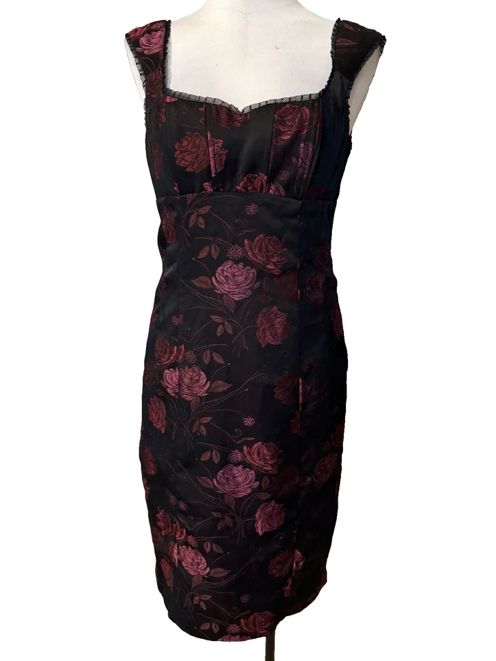 Nanette Lepore Vintage Corset Dress 10 Ruby Red Black Roses Whimsigoth Y2K - Image 1 of 4