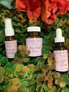 Nourish + Co. Gift Set: Glow Serum 1oz, Polish Scrub 2oz, Rose Water Spray 1 oz. - Picture 1 of 2