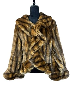 Pamela McCoy Faux Mink Short Brown Fur Coat with ruffle Medium - Picture 1 of 14