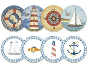 STONEWARE Drink COASTER Set & WOOD Caddy *NAUTICAL Sea ANCHOR Fish PELICAN REEF - Picture 1 of 5