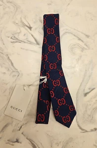 New! Gucci 'Mantisin' GG Wool Silk Tie Blue Red Mens Size M - 120 MSRP $200 - Picture 1 of 7