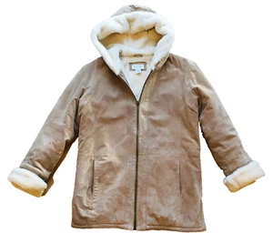St Johns Bay Washable Suede Jacket Womens S Sherpa Lined Faux Fur Coat+Hood COZY - Picture 1 of 9