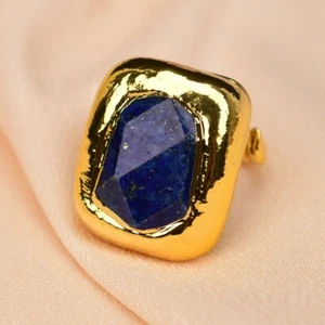 Natural Blue Lapis lazuli Stone Rings Gold Plated Edge Adjustable Ring Handmade - Picture 1 of 11