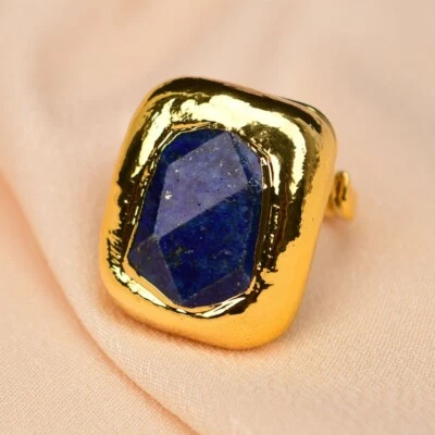 Anillos de piedra de lapislázuli azul natural borde chapado en oro anillo ajustable hecho a mano Foto 1 de 4
