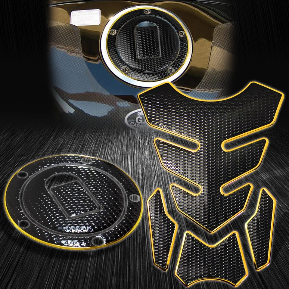 Almofada de tanque preta perfurada 4 peças + tampa de combustível 04-05 Ninja ZX-10R/6R/9R cromada dourada - Imagem 1 de 4