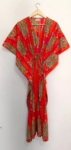 Indian Vintage 100% Cotton Long Beach Maxi Kaftan Dress One Size Caftan Kimono - Picture 1 of 7