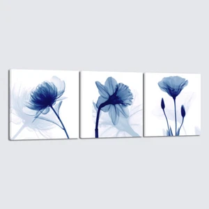 Blue Abstract Flowers 3 Panels Canvas Prints Wall Art Modern Pictures Artwork - Picture 1 of 6