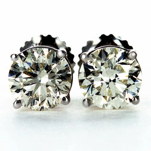 2 Carat Diamond Stud Solitaire Earrings Round Brilliant Treated 14K White Gold - Picture 1 of 7