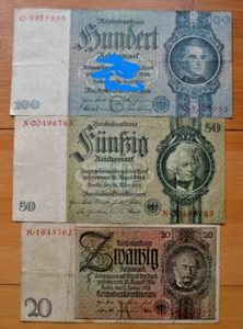 Deutsches Reich 100 Mark 1935, 50 Mark 1933, 20 Mark 1929 Banknote, - Bild 1 von 8