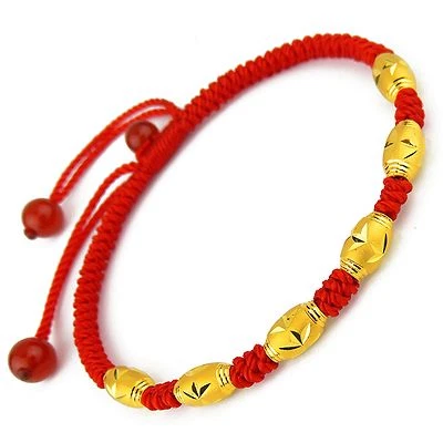 Brazalete de cadena tejido rojo con cuentas de la suerte anheladas de oro amarillo puro 999 de 24 k 0,1 g*6 Foto 1 de 4