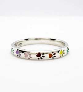 Colorido Anillo Estampado Pata Gato Perro Animal Genuino Plata de Ley 925 Talla J-T 💖 - Imagen 1 de 12