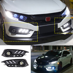 Led DRL Front Fog Light Turn Signal 2-Color Angel Eyes For Honda Civic 2016-2018