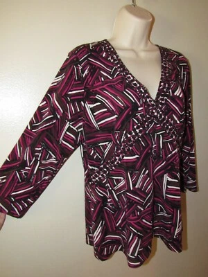 Liz & Co женщин XL Топ кукла 3/4 рукав v-образным вырезом блузка эластичной розовый черный топ - Изображение 1 из 4