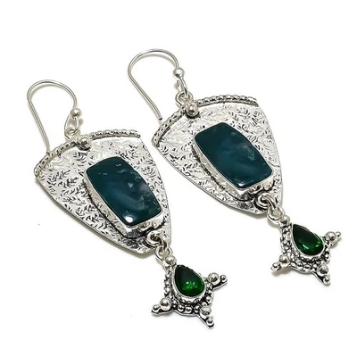 Neon Blue Apatite, Diopside Gemstone 925 Sterling Silver Earring 3.15" J763 - Image 1 of 2