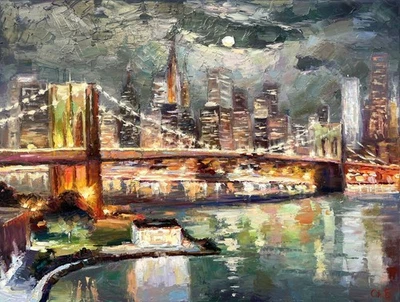 Brooklyn Bridge Original painting IMPRESSIONISM Oil canvas by E. Chernyakovsky - Image 1 of 4